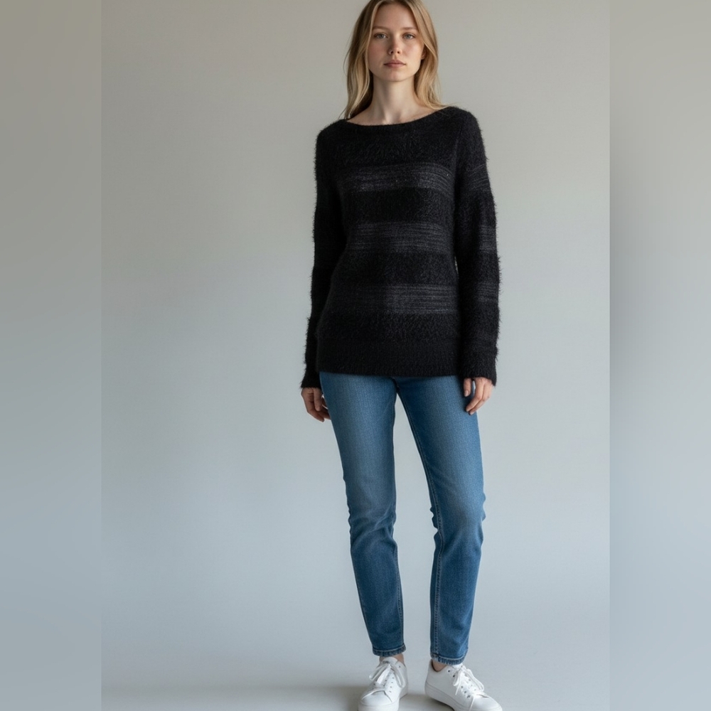 Loft Fuzzy Teddy Sweater Sheer Stripes Black Med Wool Blend WhimsyGoth Mobwife